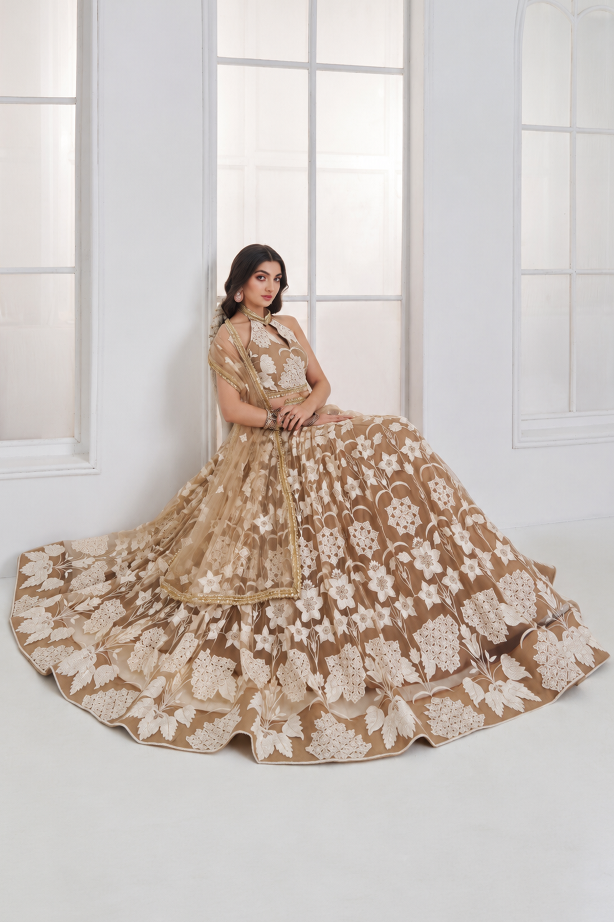 Elegant Beige Floral Embroidered Bridal Lehenga