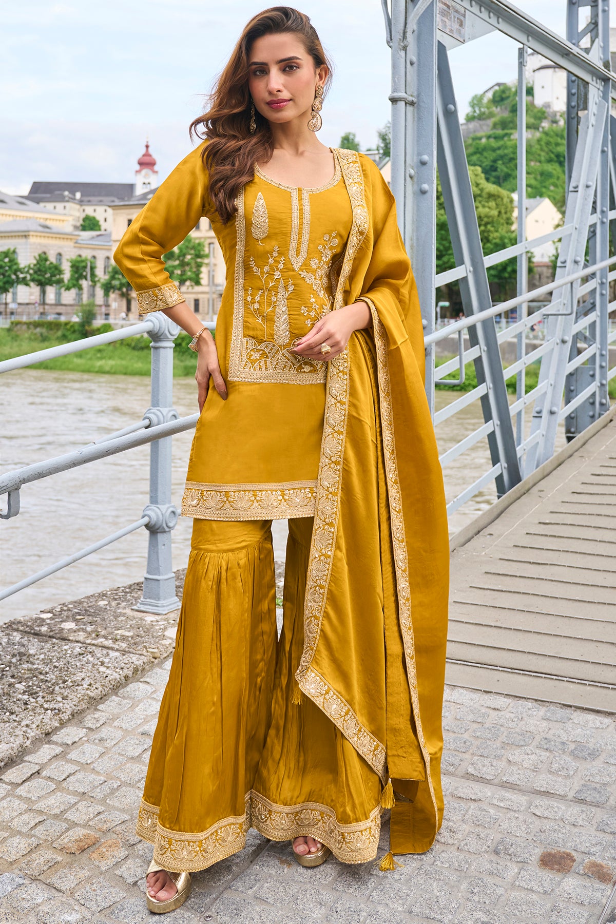 Mustard Yellow Embroidered Sharara Suit Set with Dupatta