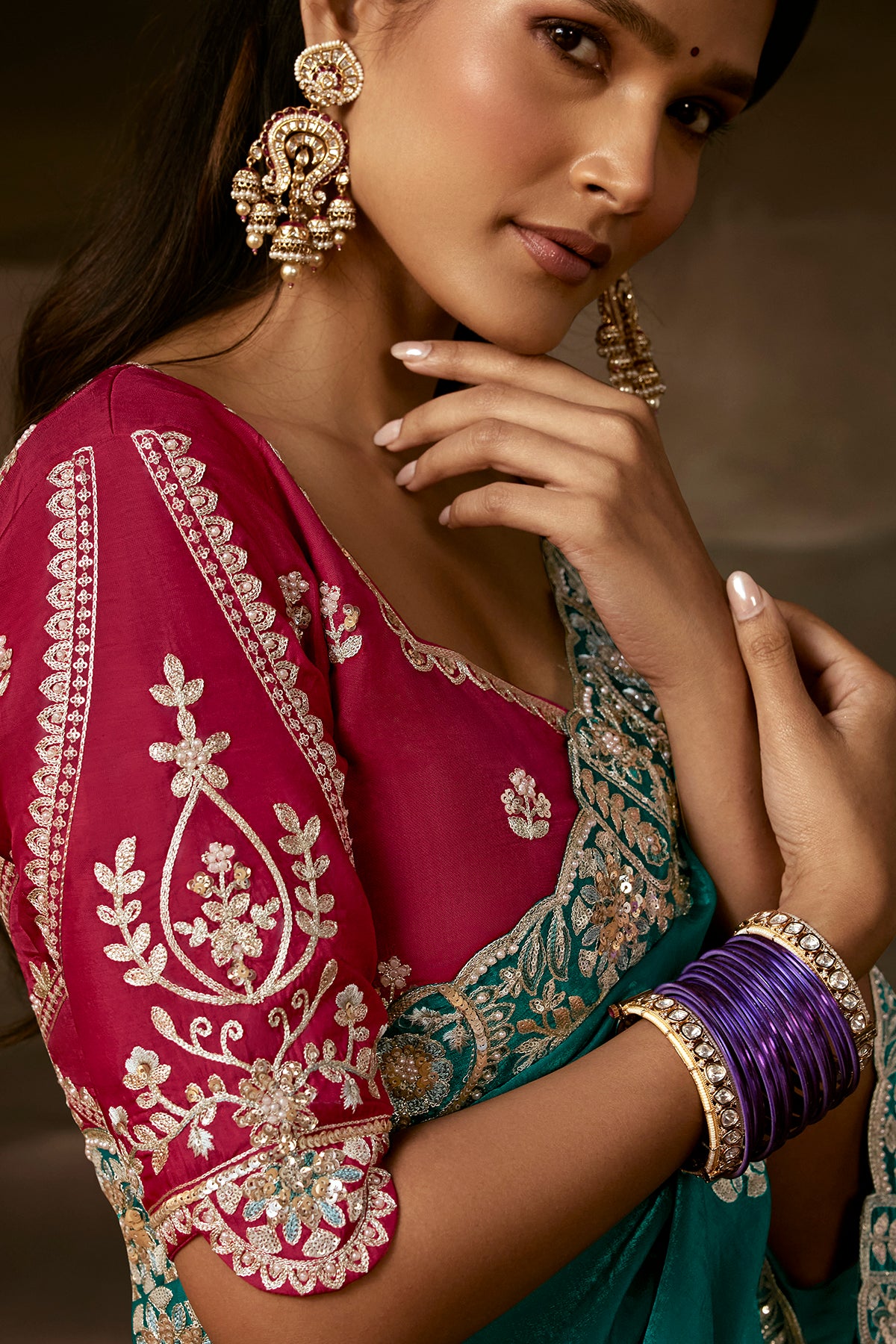 Teal Green Saree with Magenta Blouse
