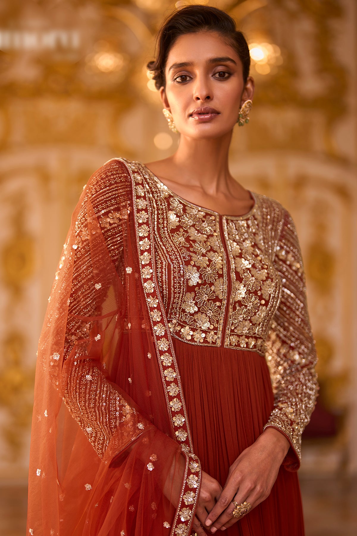 Rust Embroidered Anarkali Dress
