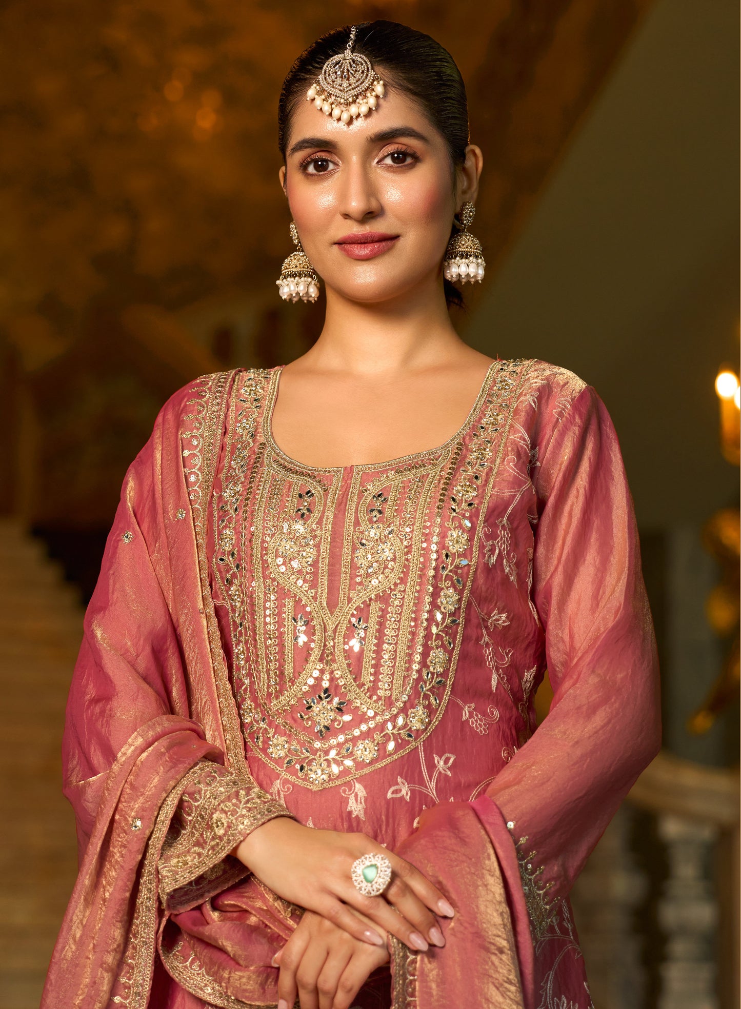 Pink Heavy Embroidered Kurta Sharara Set with Mirror Work