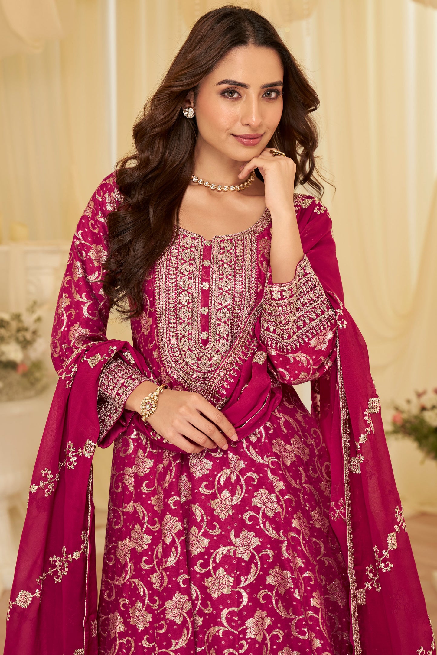 Rani Pink Embroidered Anarkali Set with Dupatta