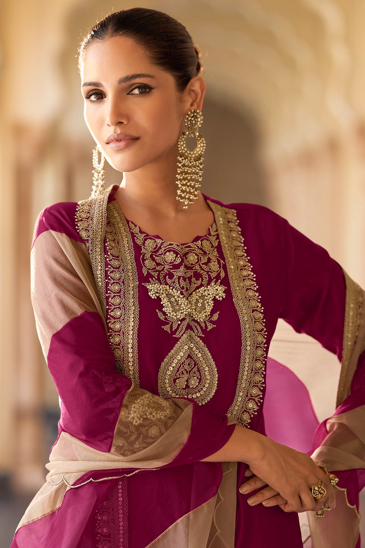 Wine Embroidered Sharara Suit