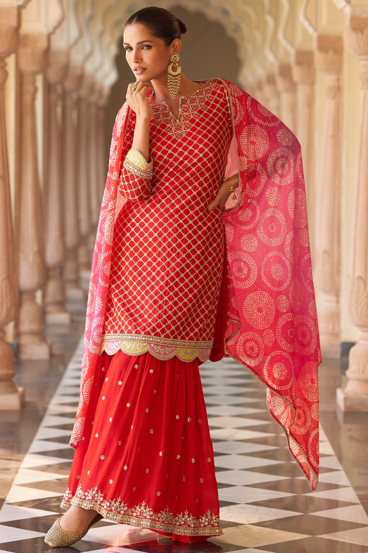 Red Embroidered Kurta Sharara Set