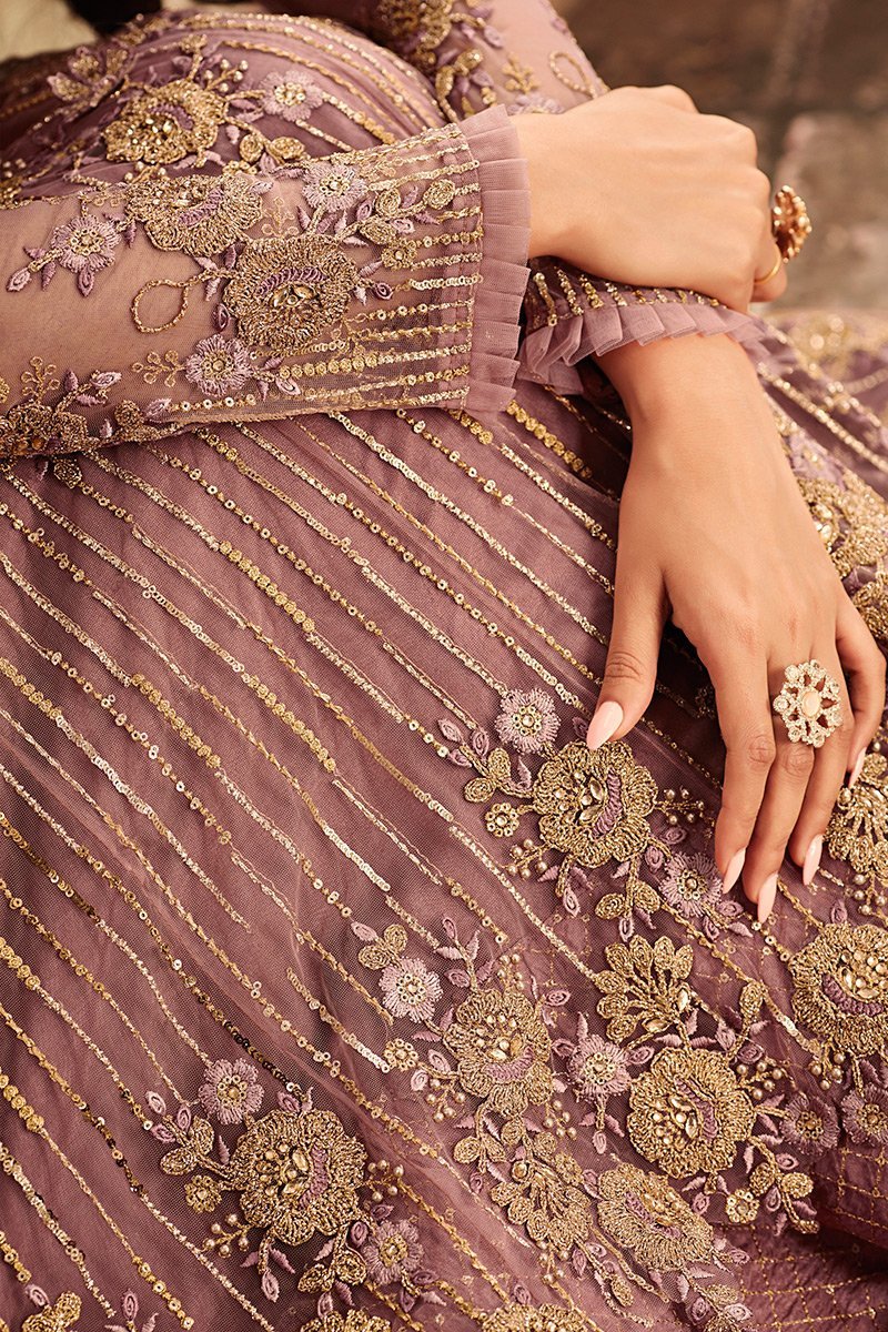 Rose Pink Gold Embellished Net party Wear Anarkali Suit