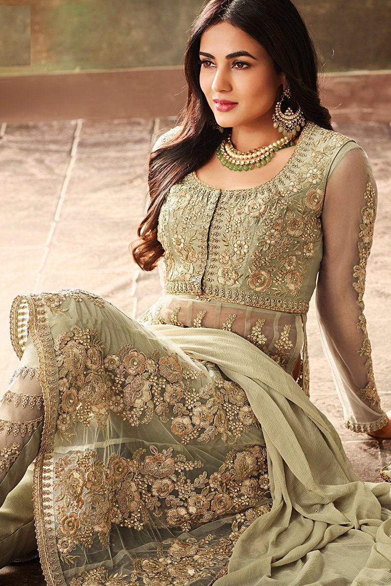 Light Green Net Embroidered Party Wear Suit