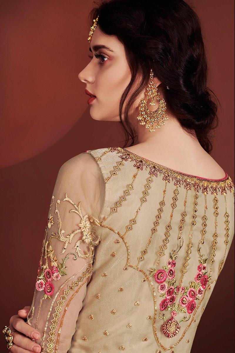 Beige and Golden Embroidered Anarkali Lehenga Style Suit