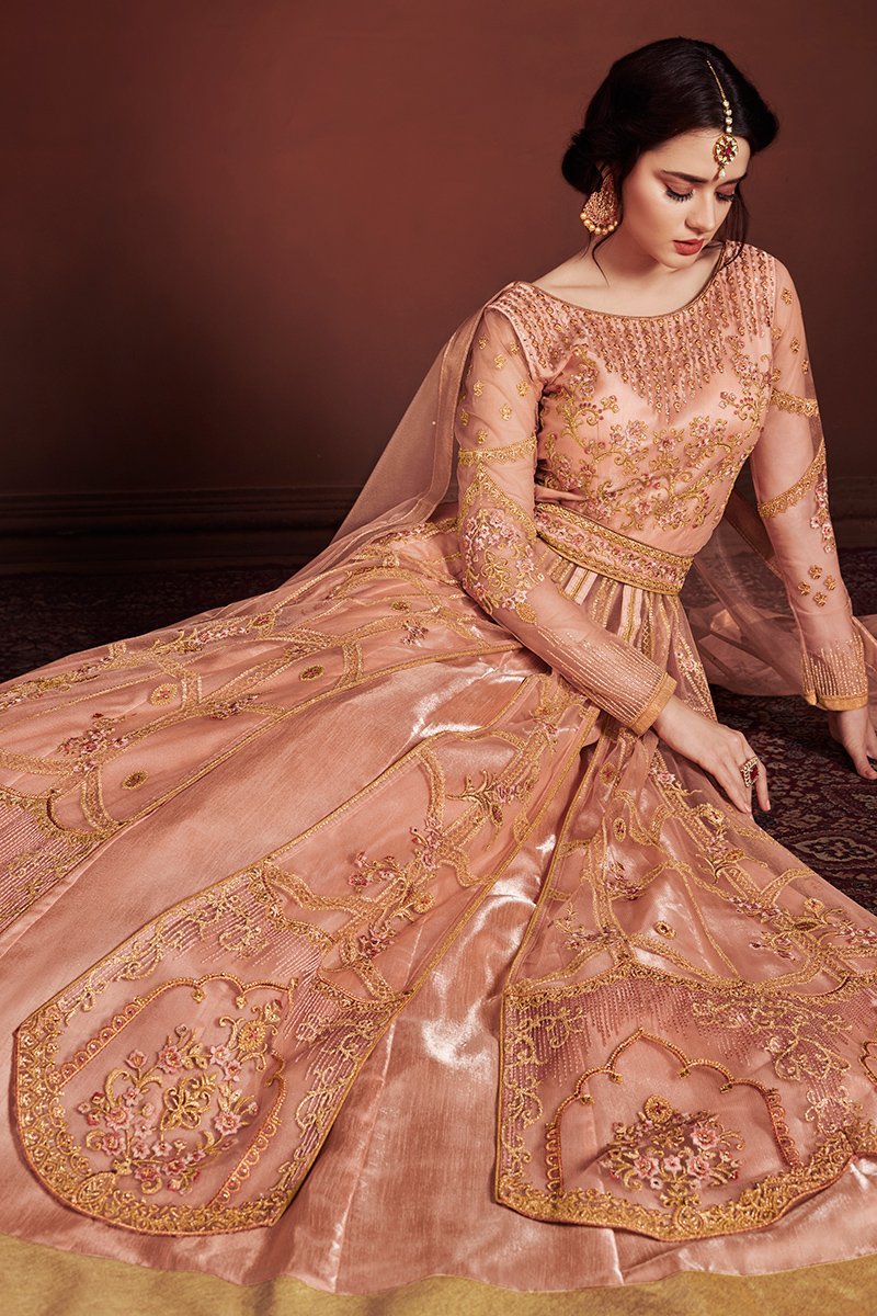 Peach Golden Fully Embroidered Anarkali Lehenga Style Suit