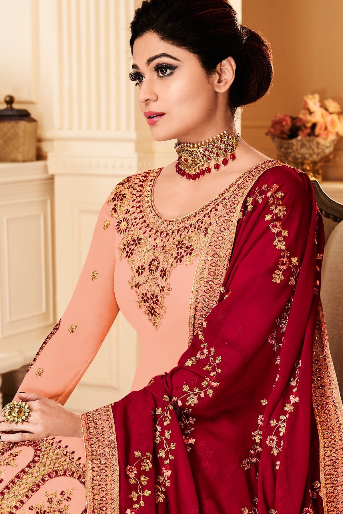 Peach and Berry Red Georgette Party Wear Sharara Suit