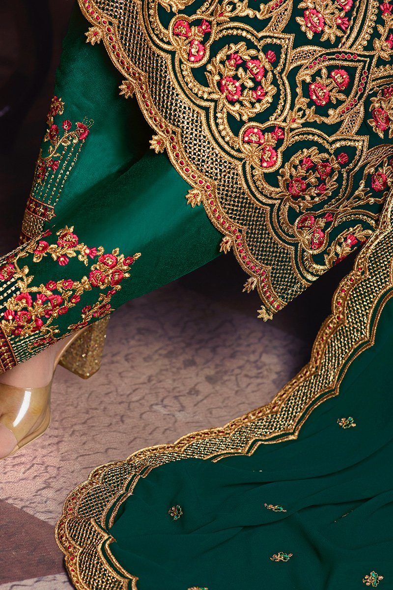 Forest-Green Faux Georgette suit with floral artwork and lacework