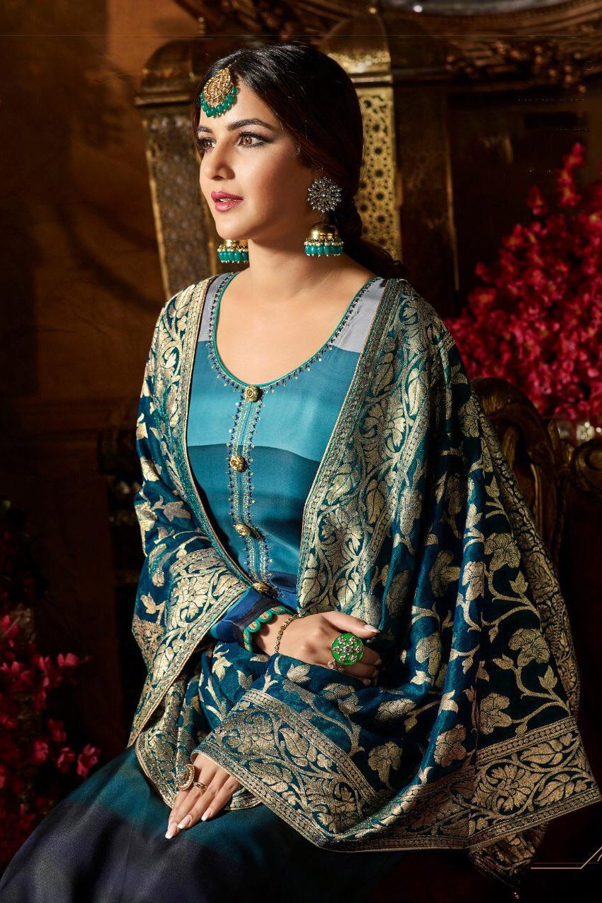 Blue Multi-Shaded Party Wear Suit With Palazzo
