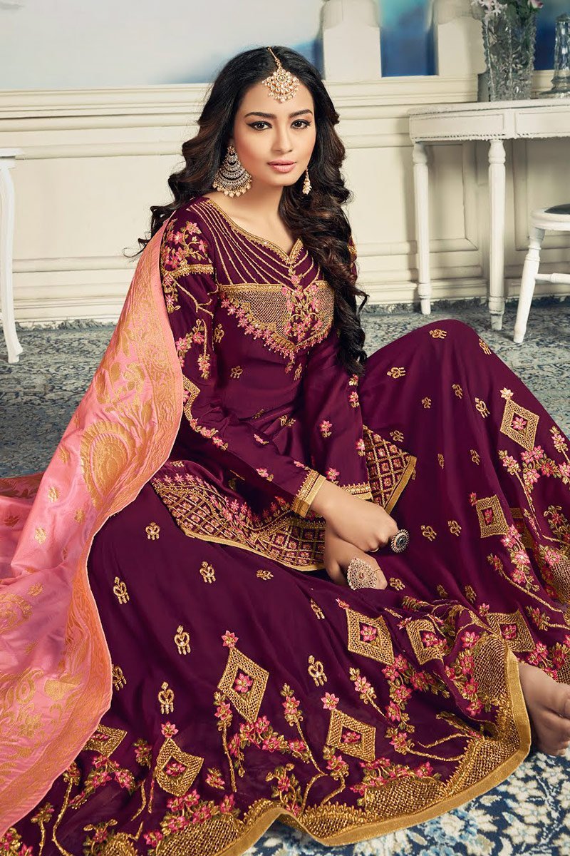Plum Purple And Pink Embroidered Sharara Suit