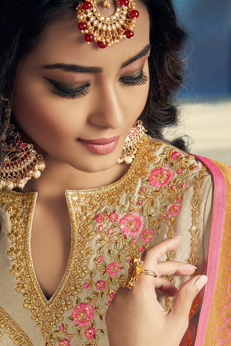 Beige And Pink Embroidered Sharara Suit