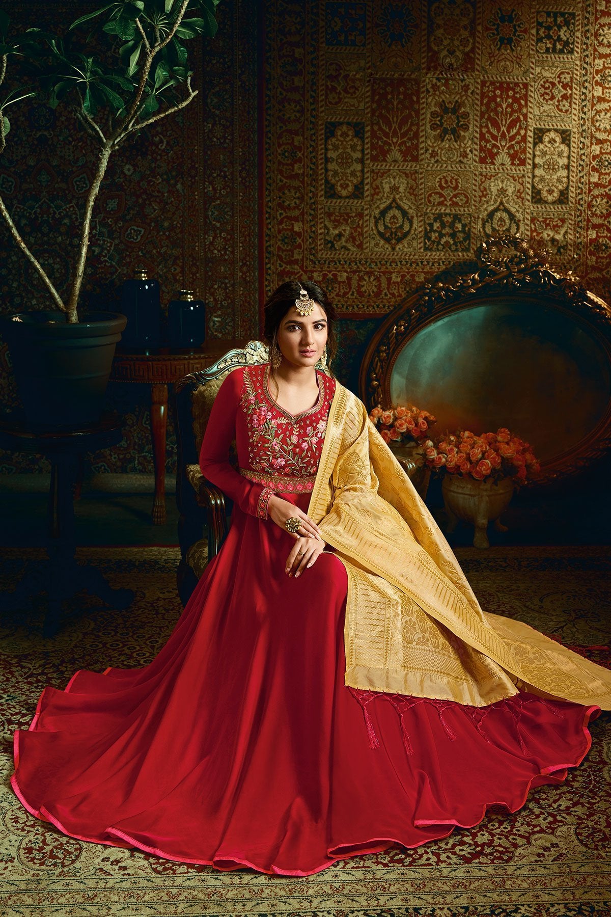 Candy Red Georgette Satin Party Wear Anarkali Suit