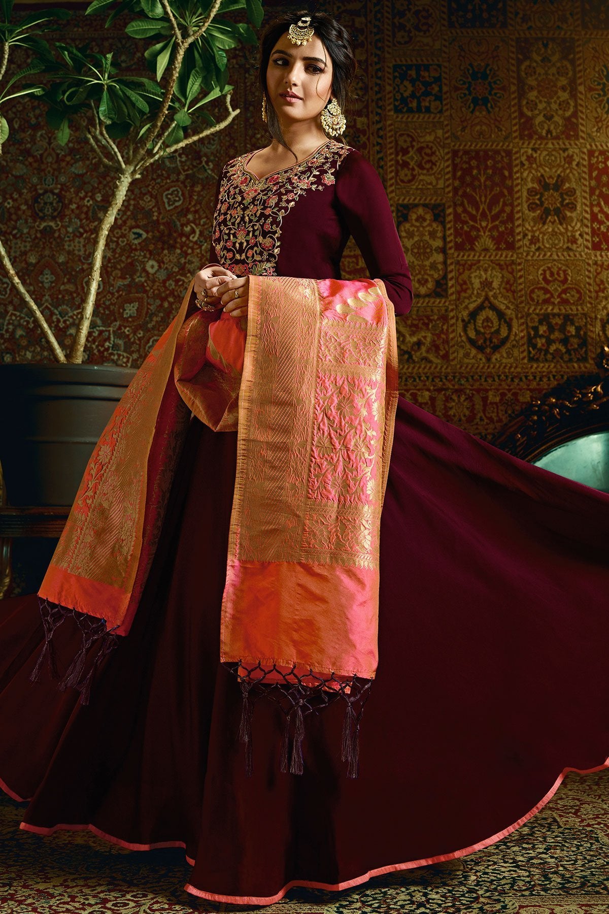 Wine Georgette Satin Party Wear Anarkali Suit