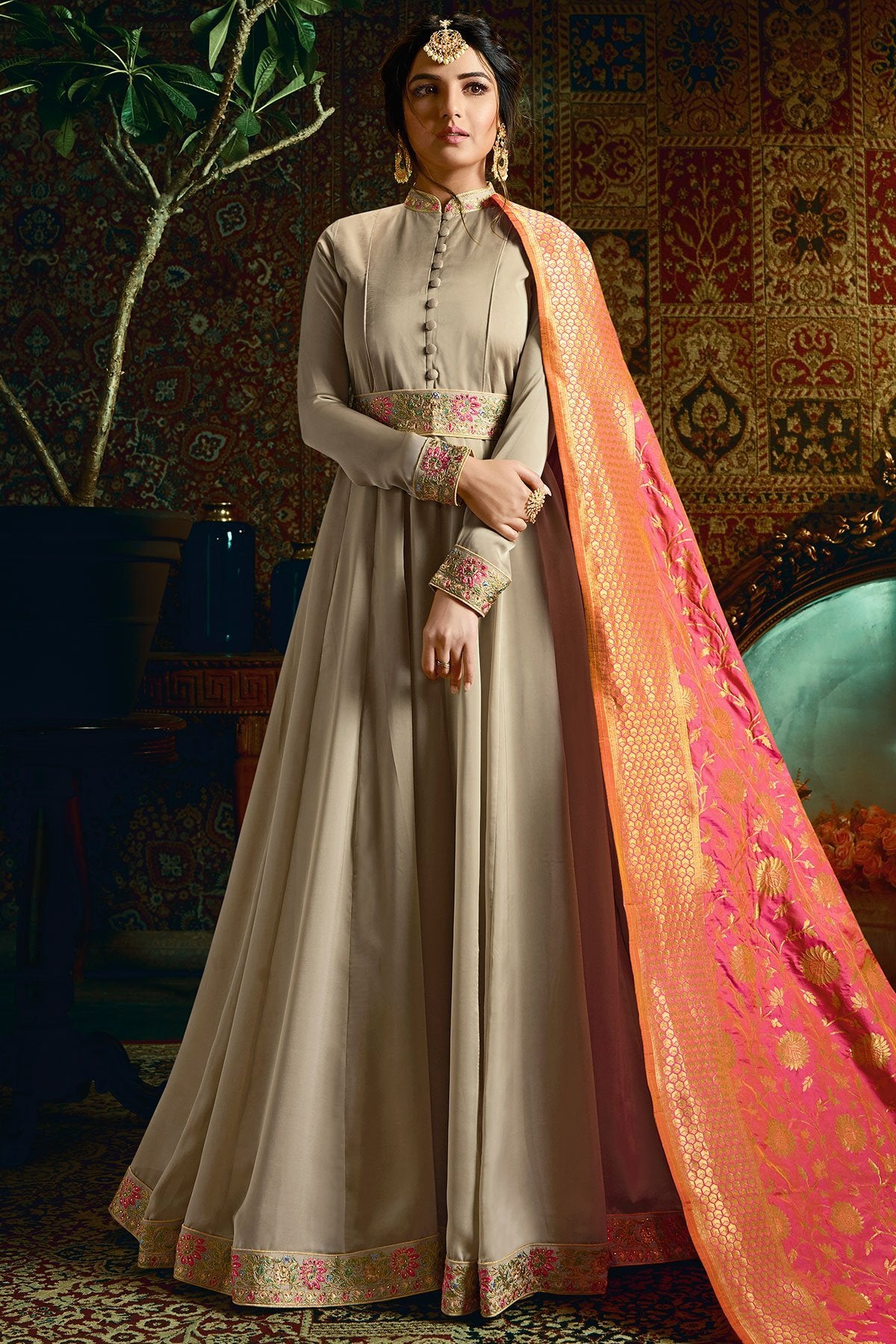 Cloud Grey Georgette Satin Party Wear Anarkali Suit