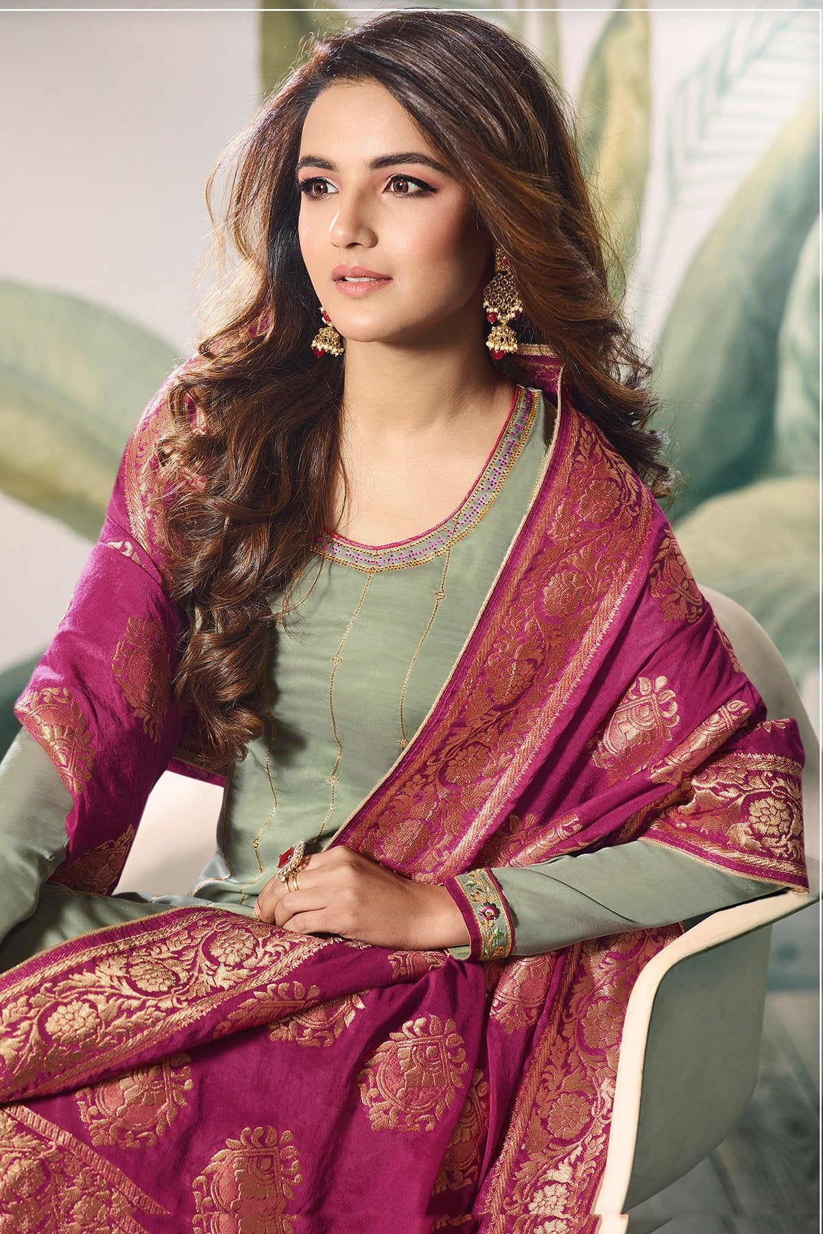 Sage Green and Plum Satin Silk Sharara Suit