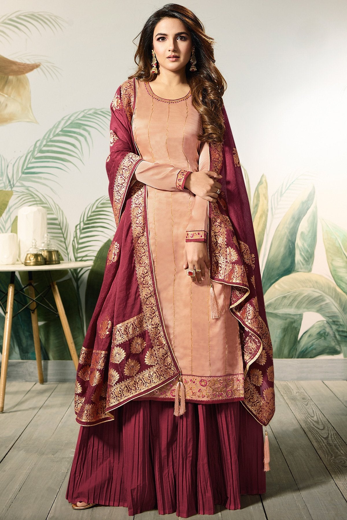Salmon Pink and Plum Satin Silk Sharara Suit