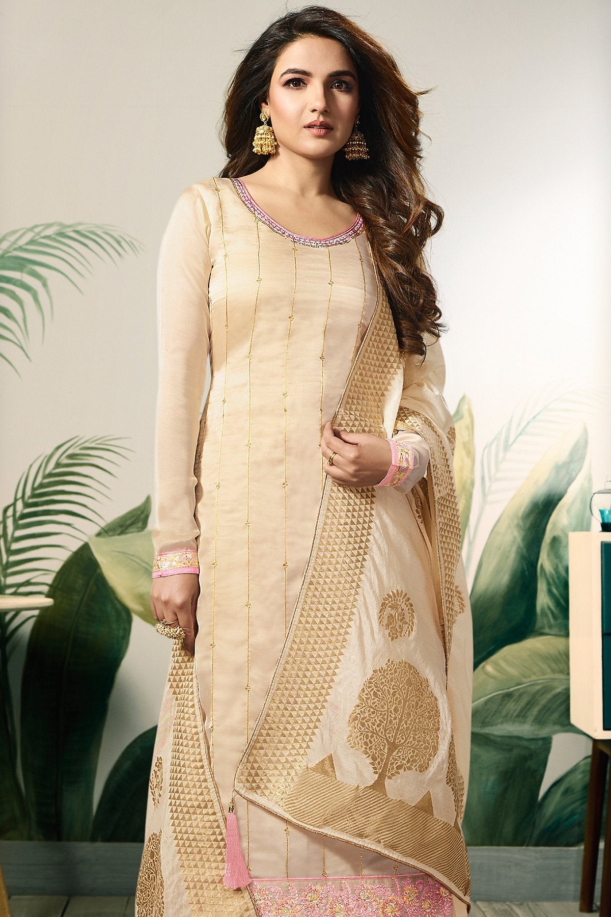 Cream Satin Silk Designer Sharara Suit