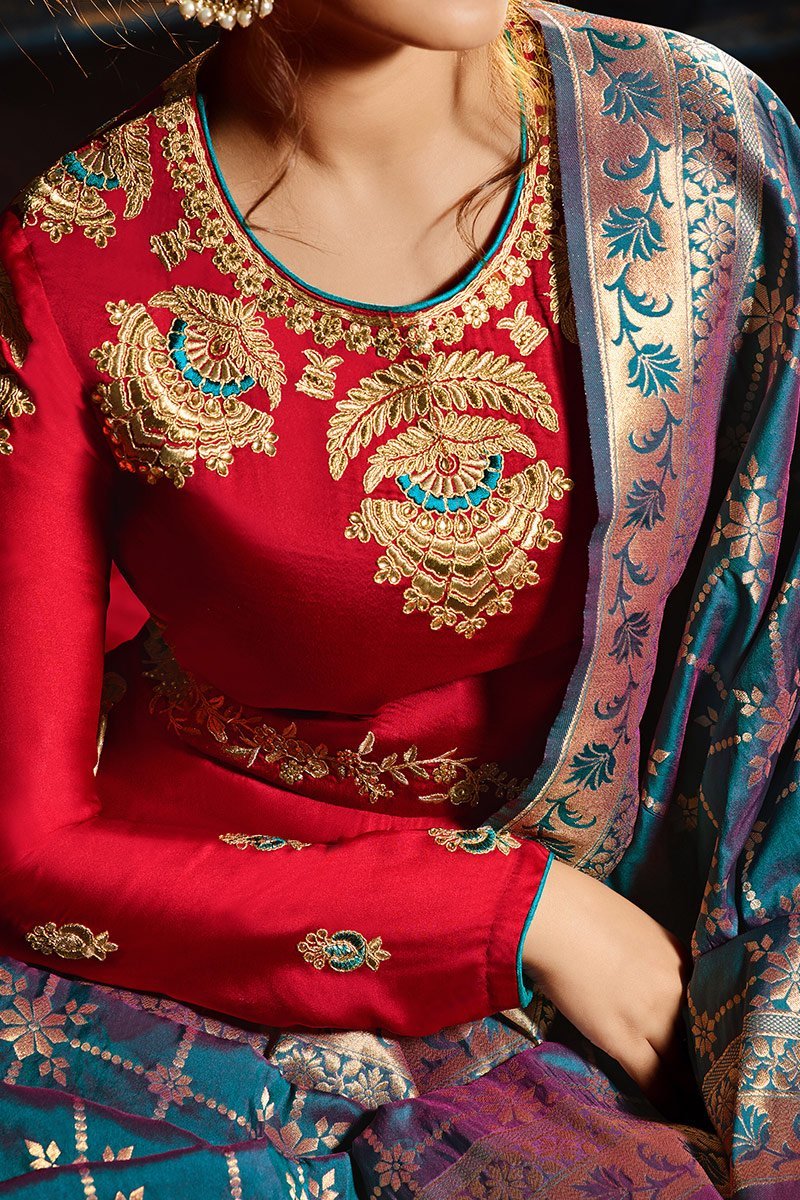 Ruby-Red Sartin Georgette Floor length Anarkali Suit