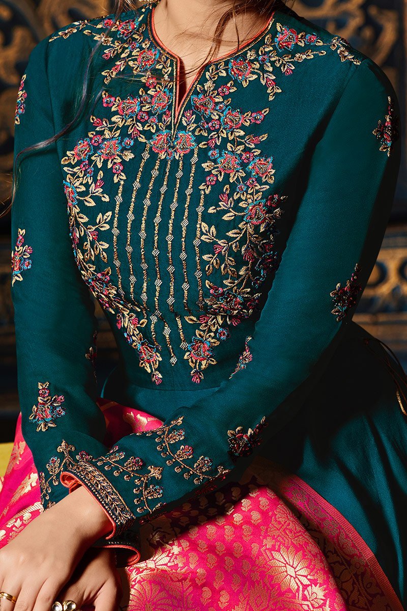 Prussion-Blue Sartin Georgette Floor length Anarkali Suit