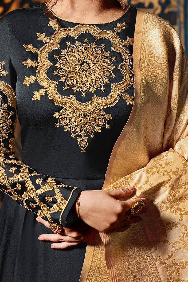 Slate-Grey Sartin Georgette Floor Lenth Anarkali Suit