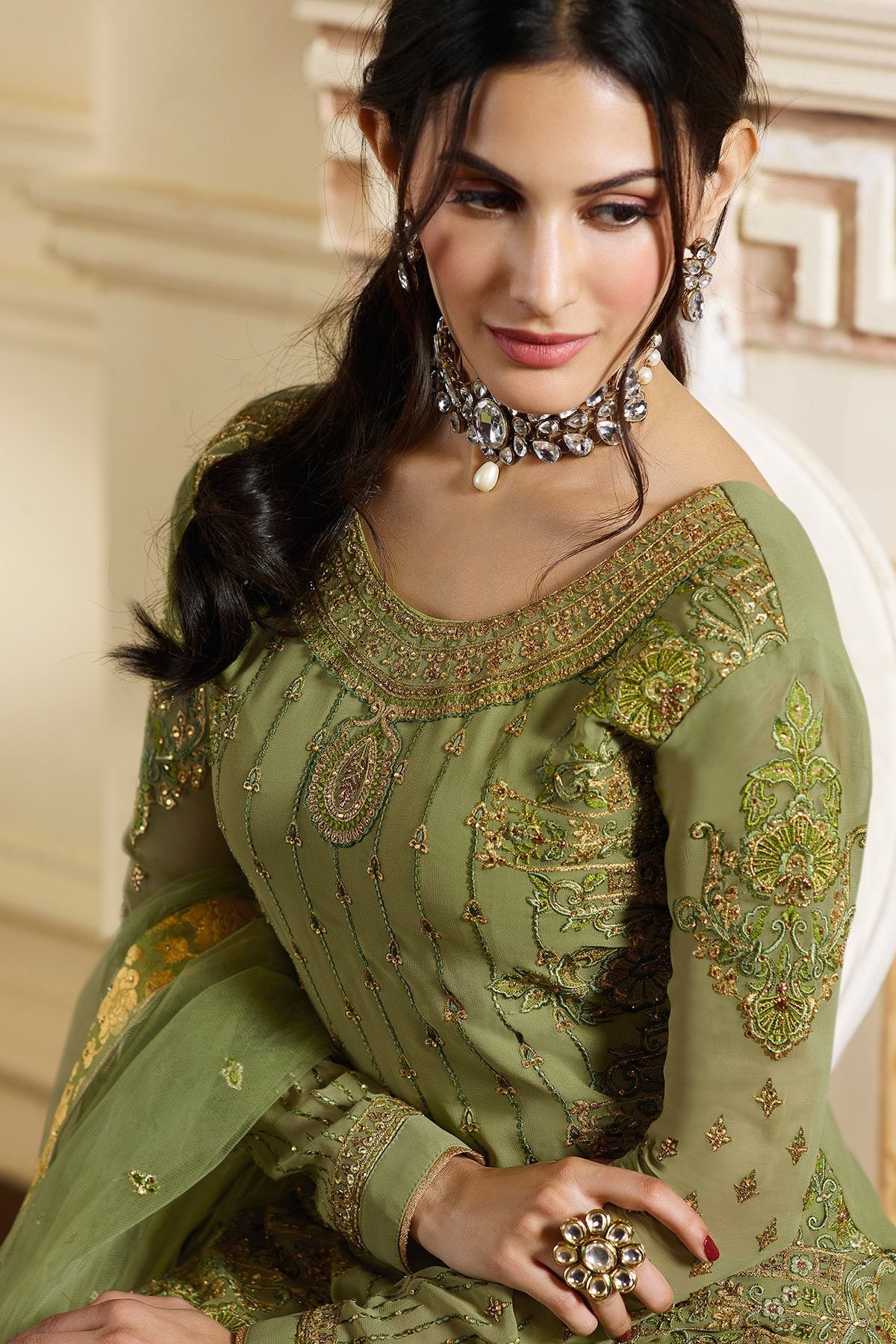 Olive Green embroidered designer Sharara suit