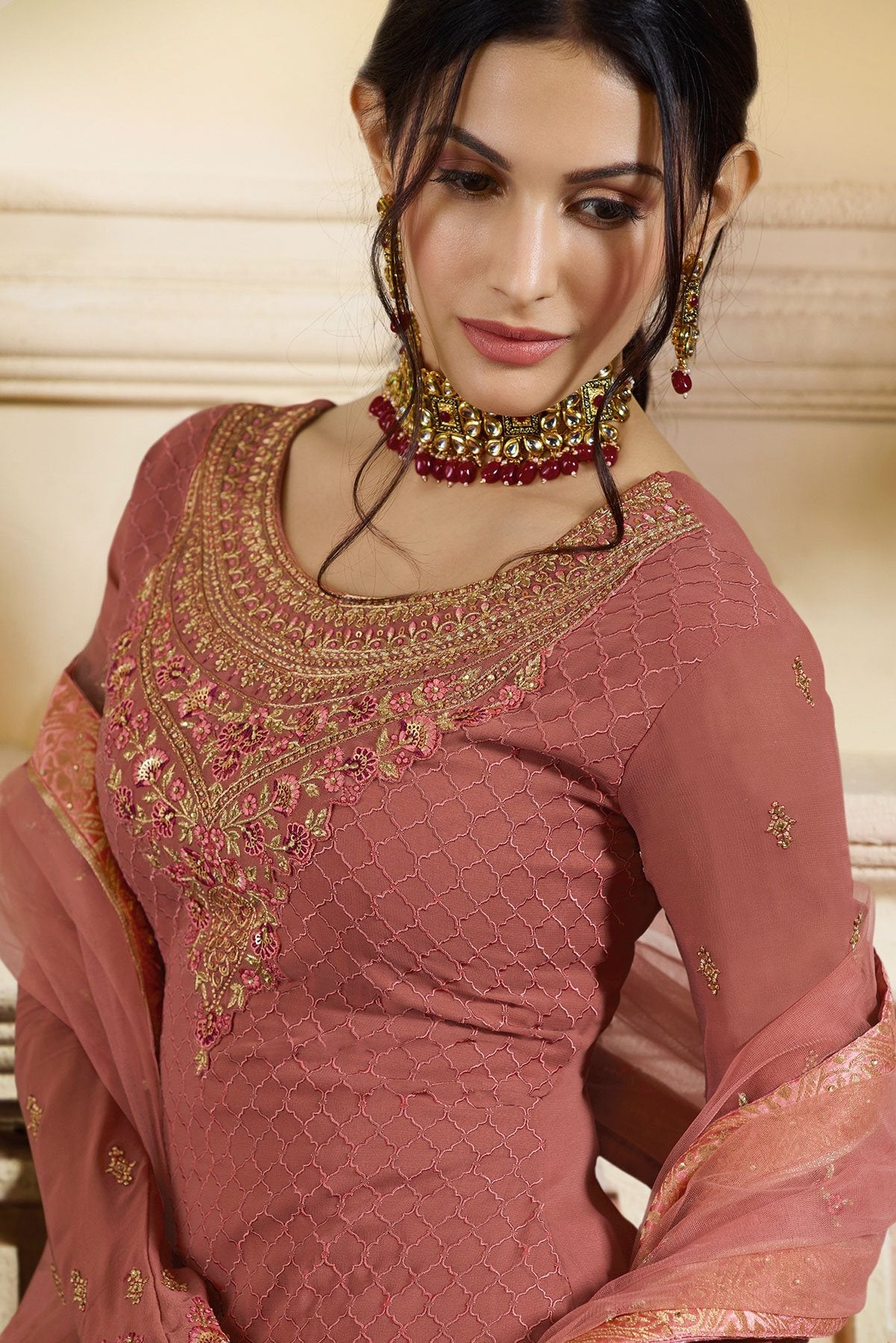 Dull Terracotta Pink embroidered designer Sharara suit