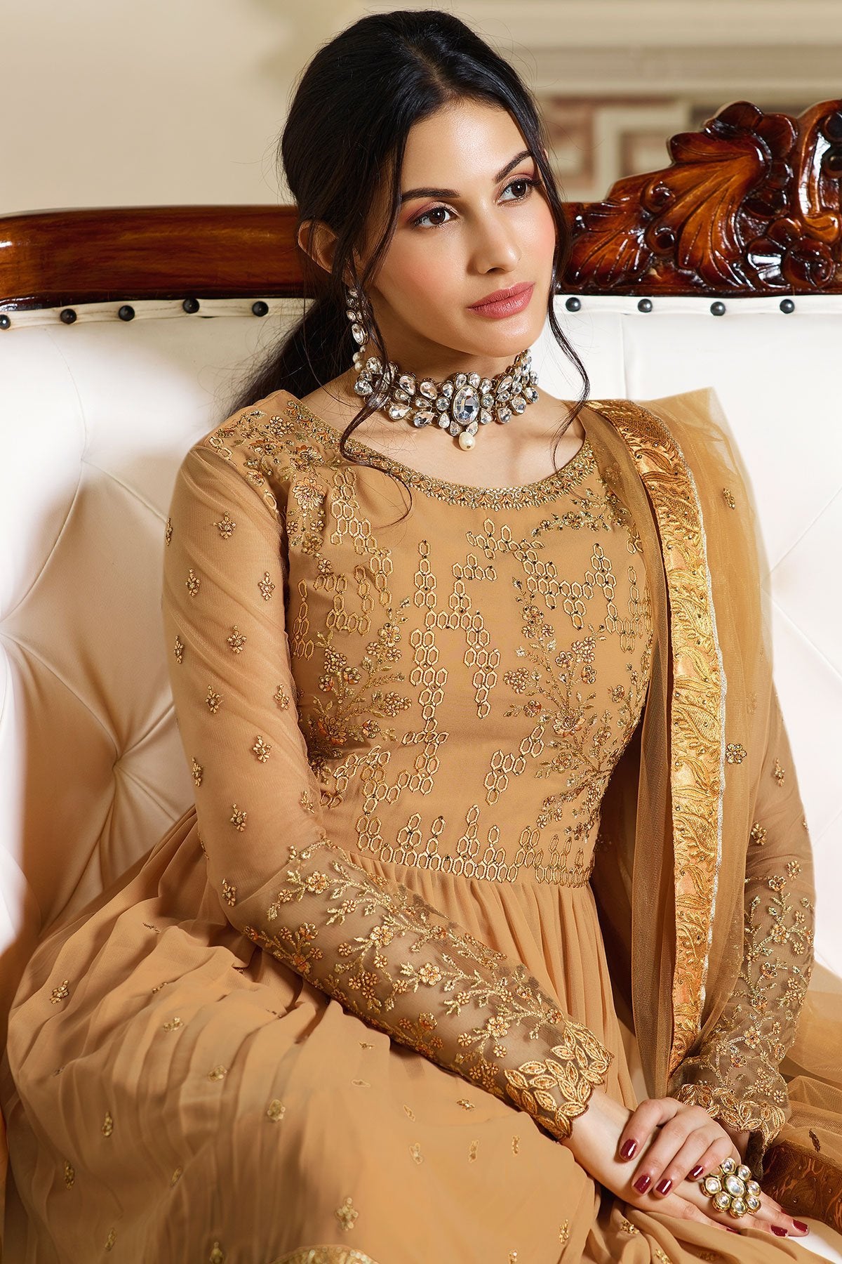 Dark Beige embroidered Georgette Sharara suit