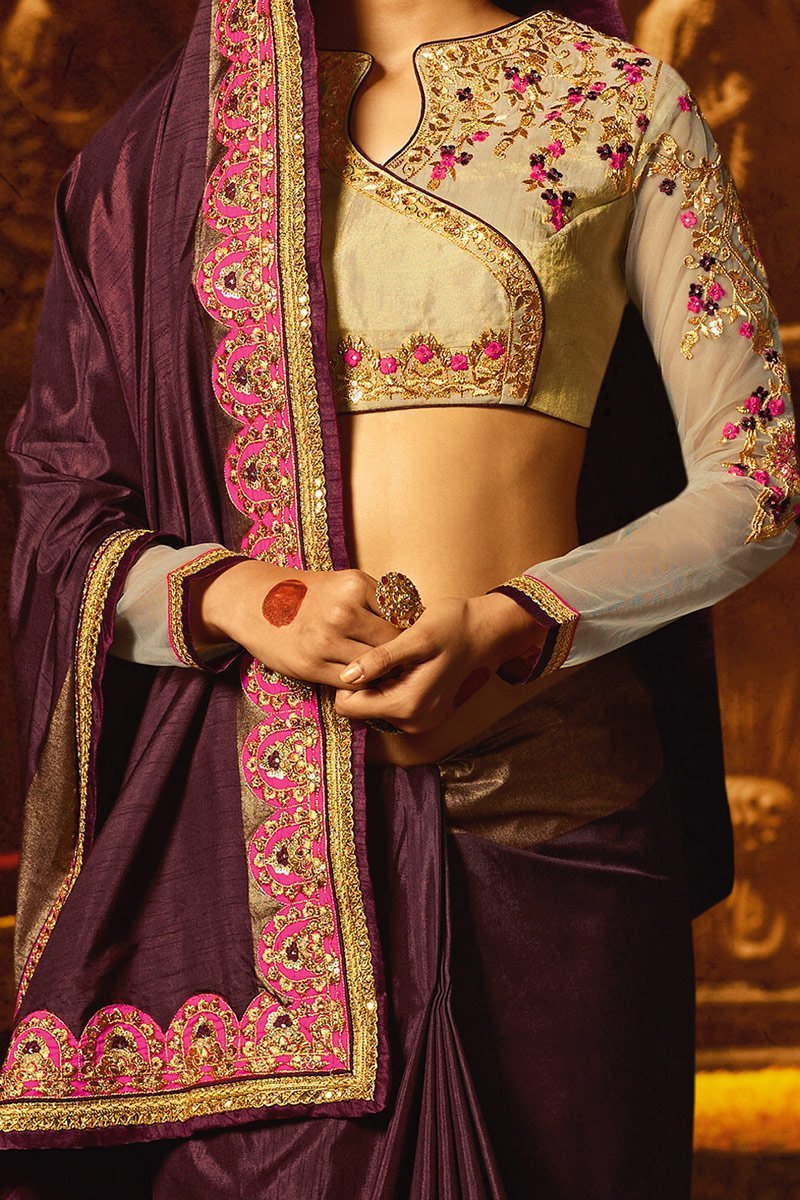 Wine colored Silk Saree with Heavy Silk Boluse