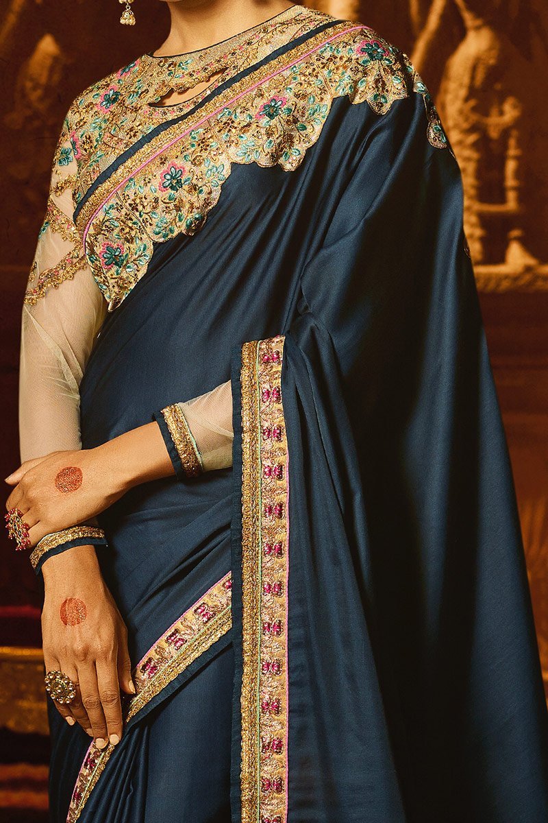 Navy-Blue colored Japan Crape Saree with Heavy Blouse