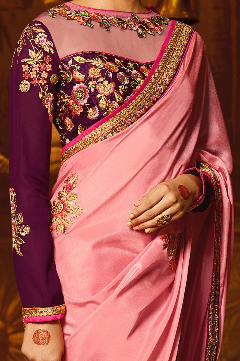 Baby-Pink colored Japan Crape Saree with Heavy Blouse