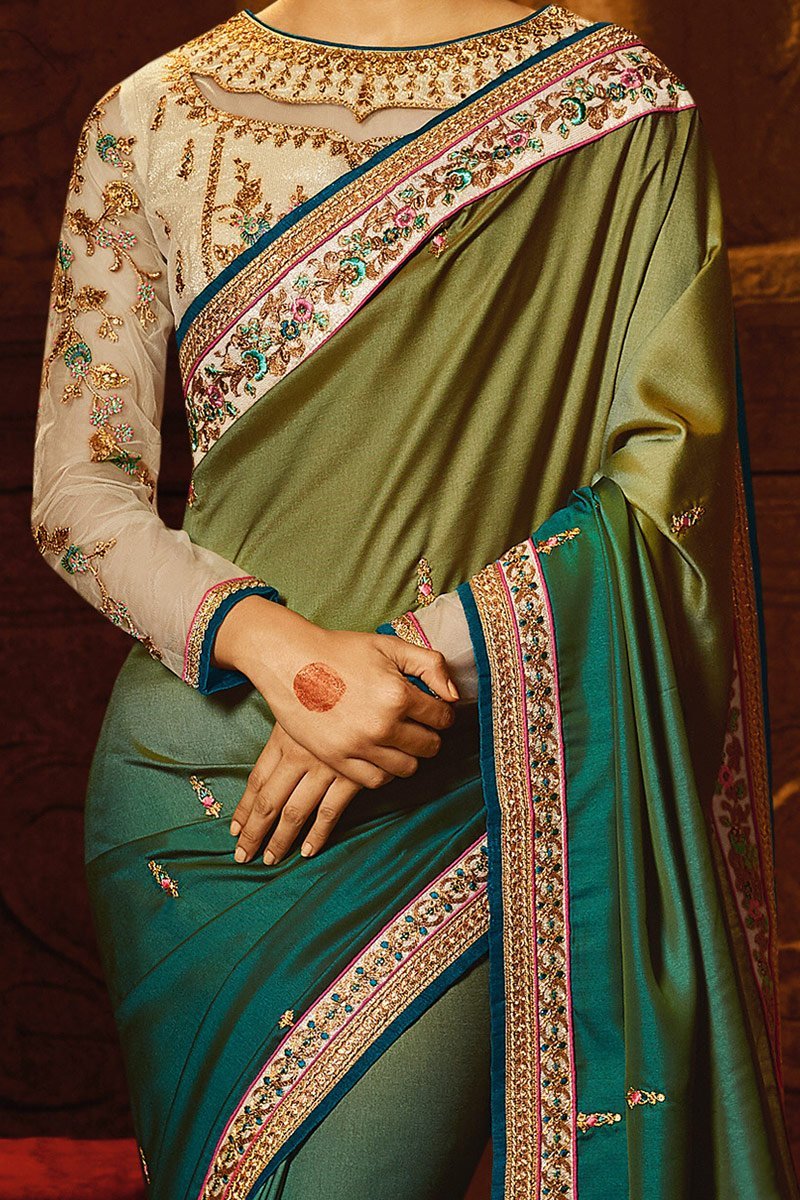 Green Shaded Barfi Silk Saree with Heavy Blouse