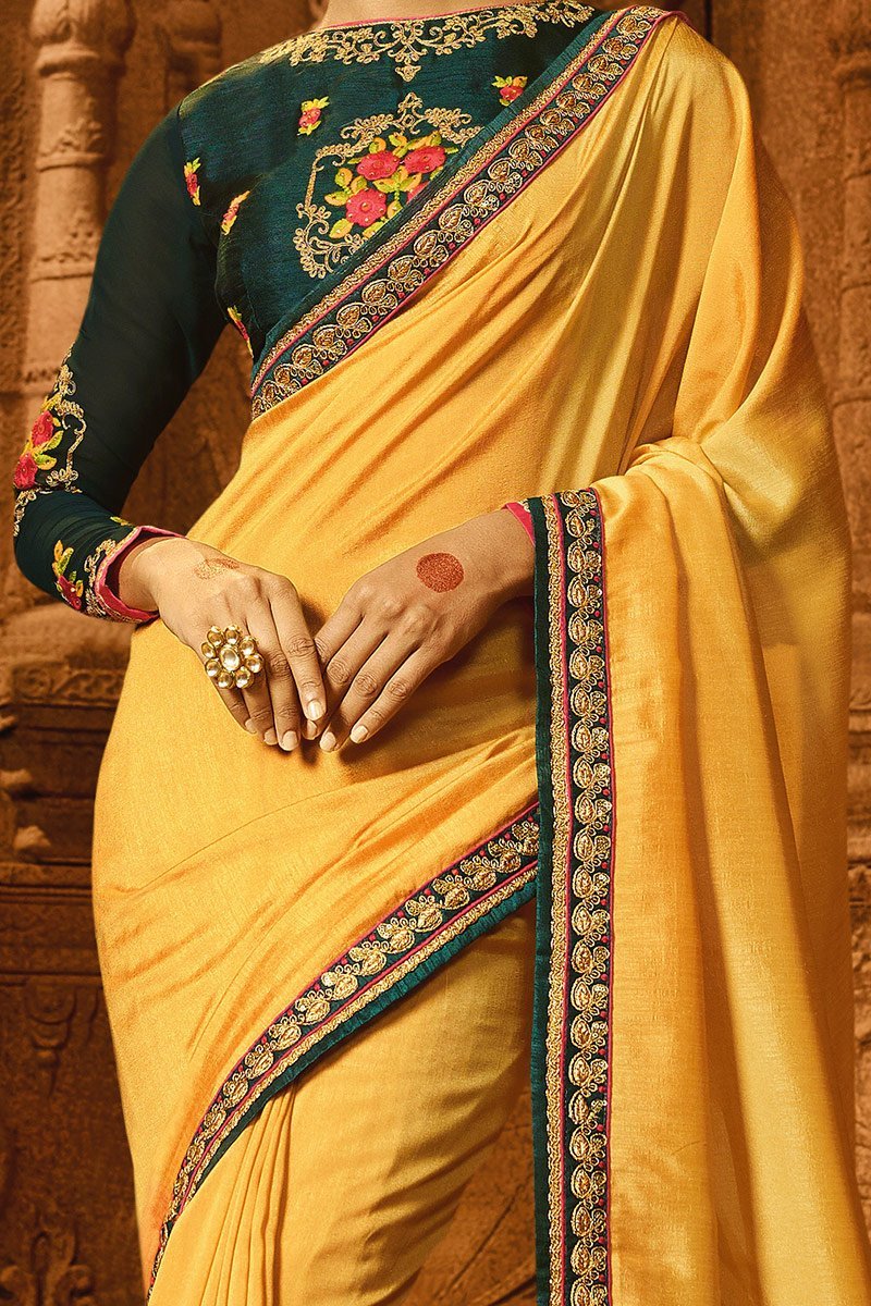 Mustered colored Silk Saree with Heavy Blouse