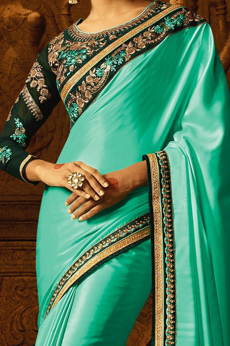 Mint-Green colored Silk Saree with Heavy Blouse