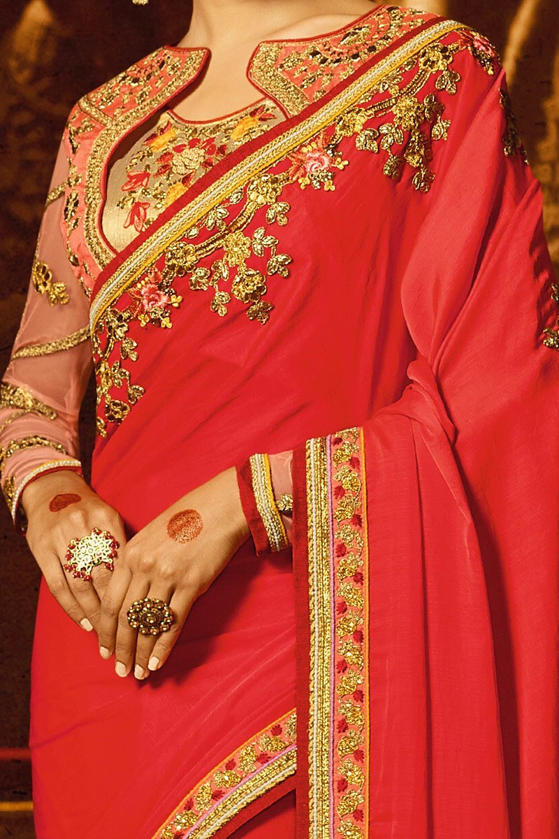 Candy Apple-Red colored Silk Saree with heavy Blouse