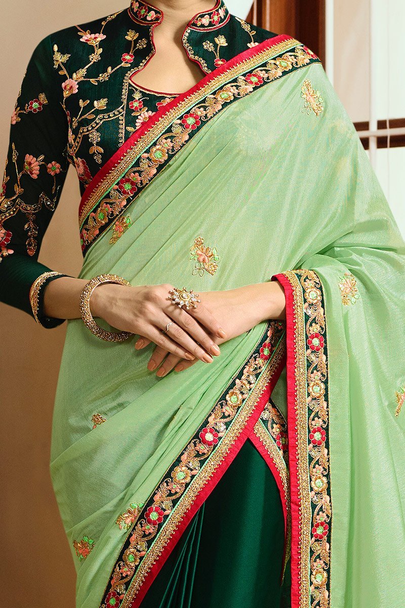 Bottle-Green colored Japan Crape Saree with Heavy Blouse