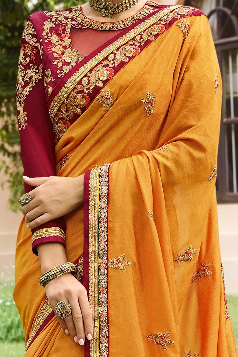 Mustered Colored Silk Saree with Maroon Blouse