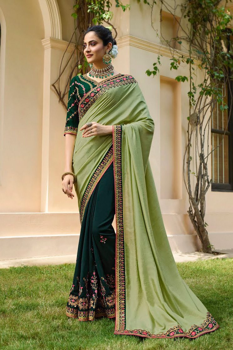 Pista Green Embroidered Designer silk Saree