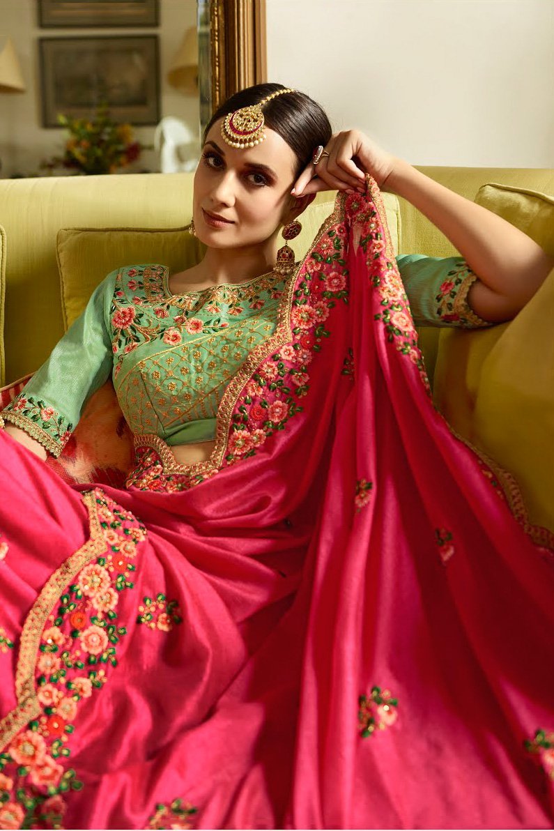 Rani Pink and Pista Green Embroidered Designer silk Saree