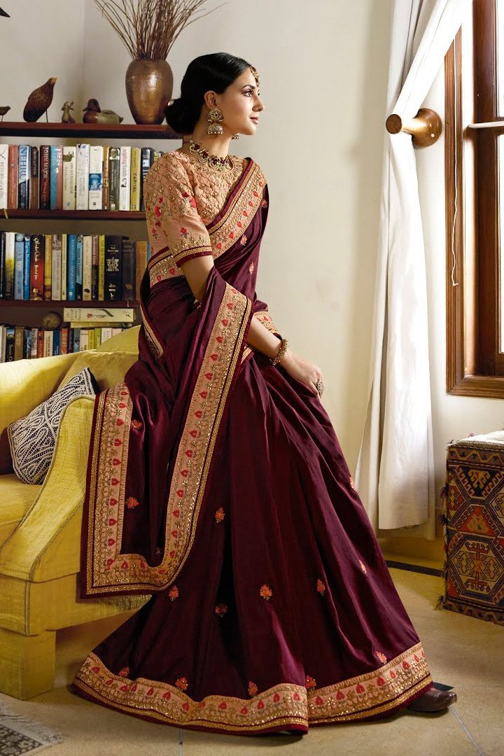 Maroon and Peach Embroidered Designer silk Saree