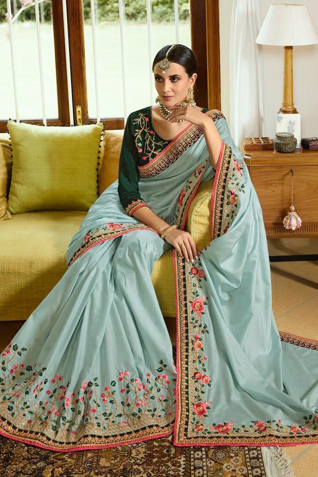 Dusky Sky and Bottle Green Embroidered Designer silk Saree