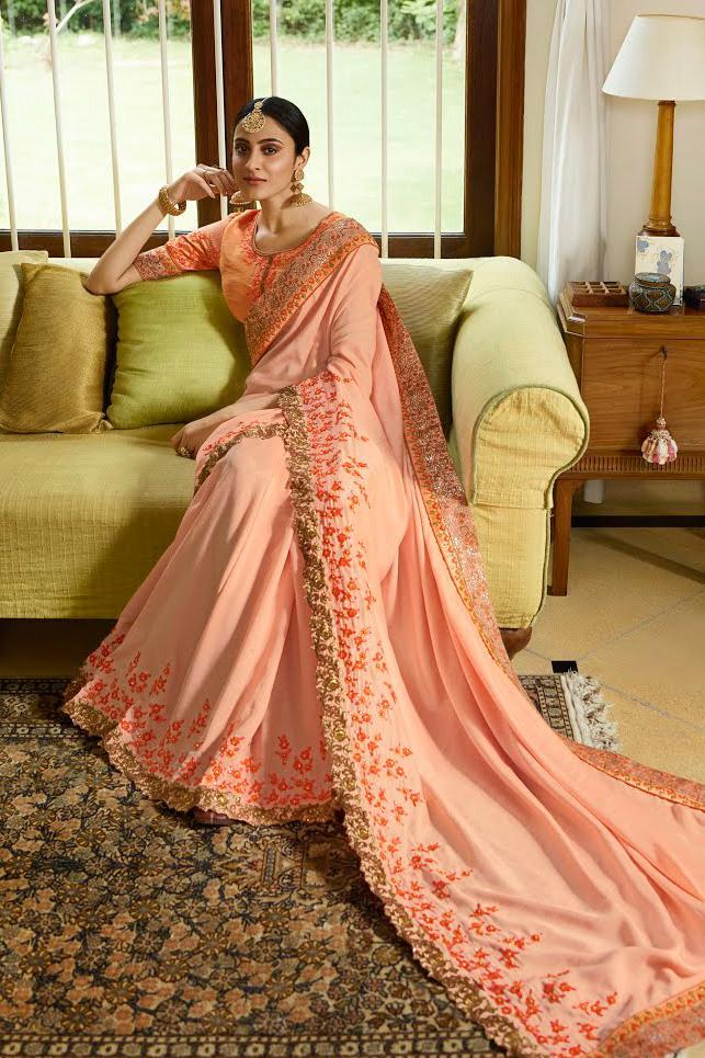Peach Embroidered Designer silk Saree