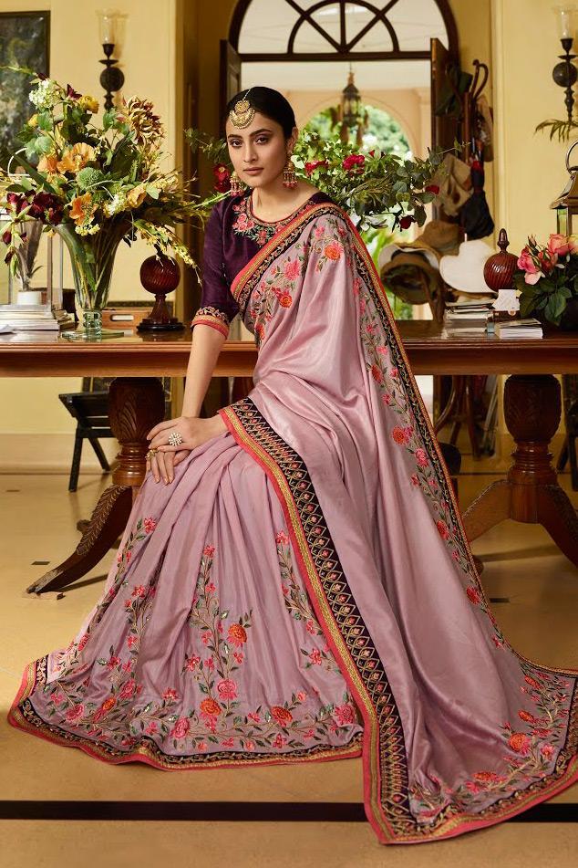 Dusky Light Wine Embroidered Designer silk Saree