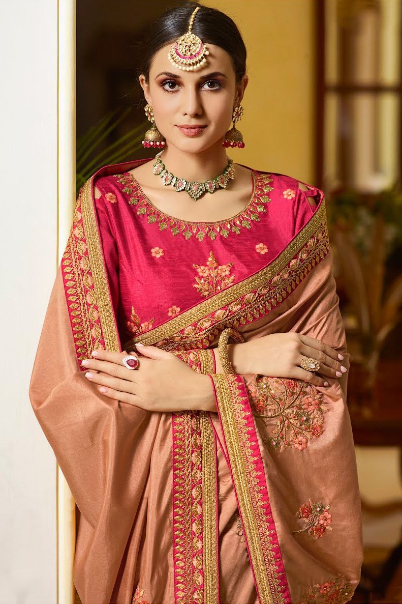 Dusty Rust and Pink Embroidered Designer silk Saree