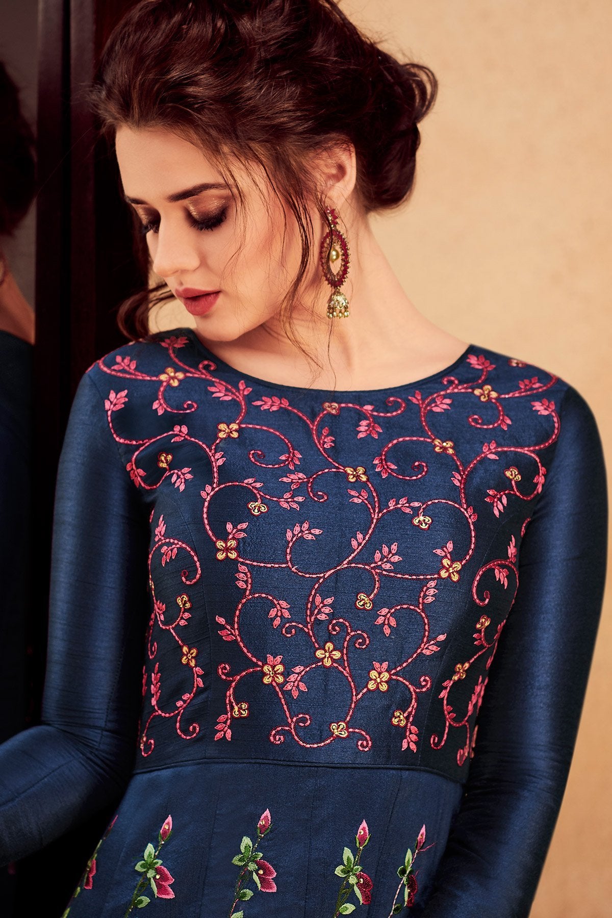 Midnigh Blue Silk Party Wear Anarkali Suit
