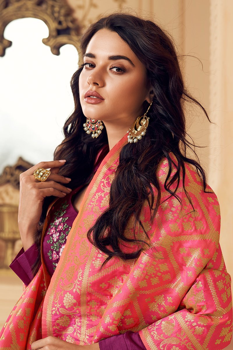Purple And Peach Embroidered Satin Anarkali Suit