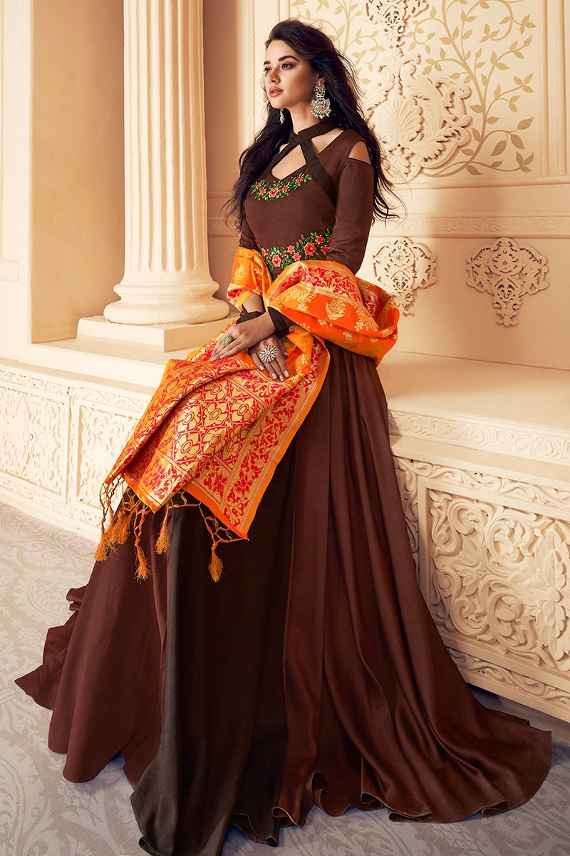 Brown And Orange Embroidered Satin Anarkali Suit