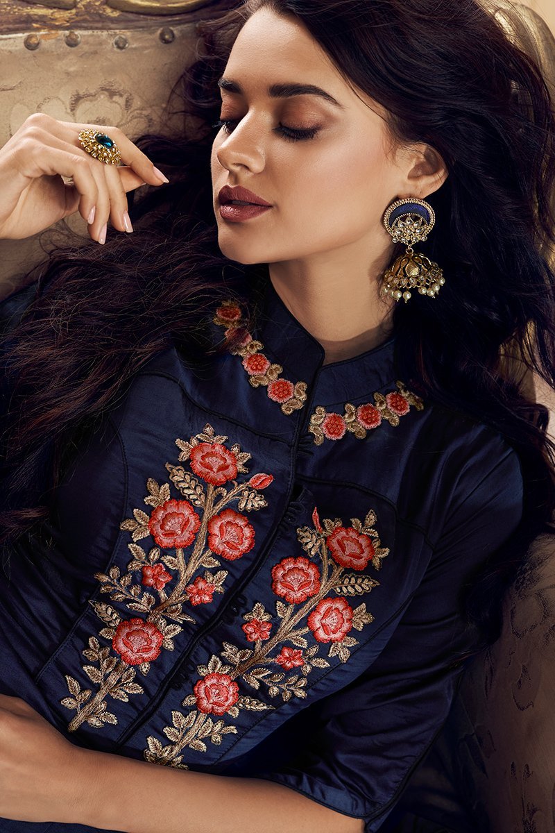 Blue And Orange Embroidered Satin Anarkali Suit