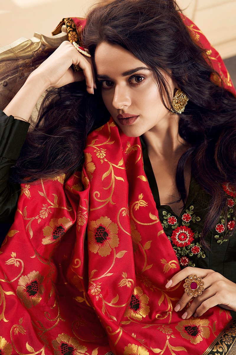Black And Red Embroidered Satin Anarkali Suit